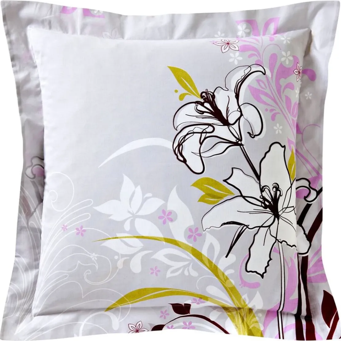 BecquetTaie d’oreiller ou de traversin en coton gris à motif floral - JOELY