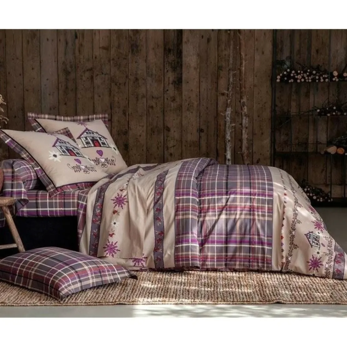 BecquetTaie d'oreiller ou traversin chalet flocons carreaux Becquet - Rose