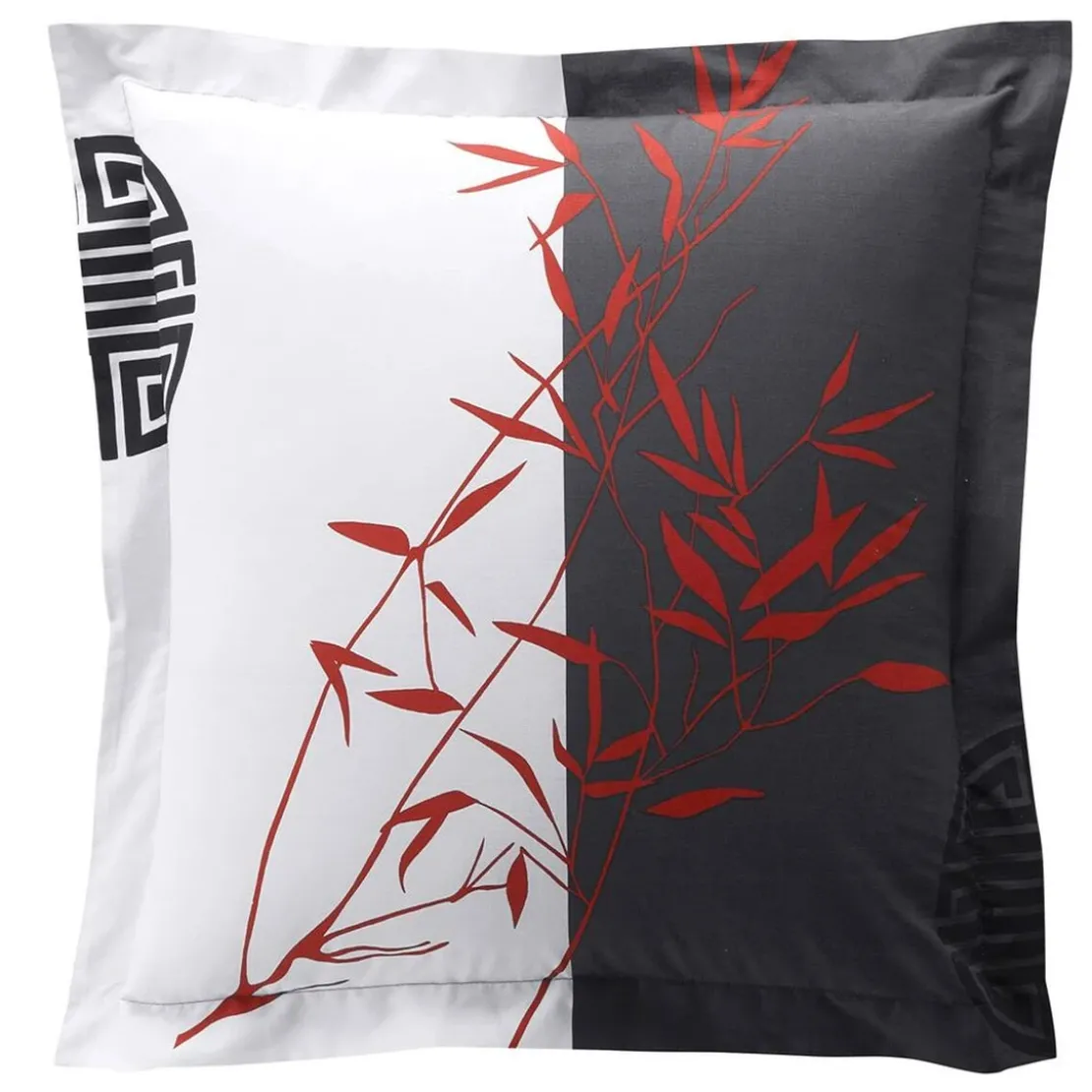 BecquetTaie d'oreiller ou traversin gris anhtracite à motif graphique bambou rouge réversible - NIPPONNE