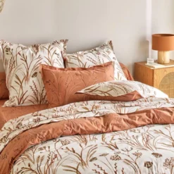 BecquetTaie d'oreiller percale de coton terracotta réversible motif végétal - Collection SOUFFLE DE PAILLE