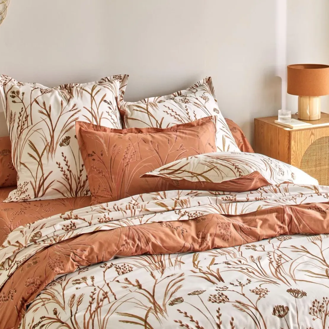 BecquetTaie d'oreiller percale de coton terracotta réversible motif végétal - Collection SOUFFLE DE PAILLE