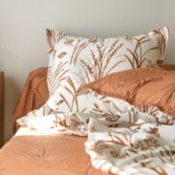 BecquetTaie d'oreiller percale de coton terracotta réversible motif végétal - Collection SOUFFLE DE PAILLE