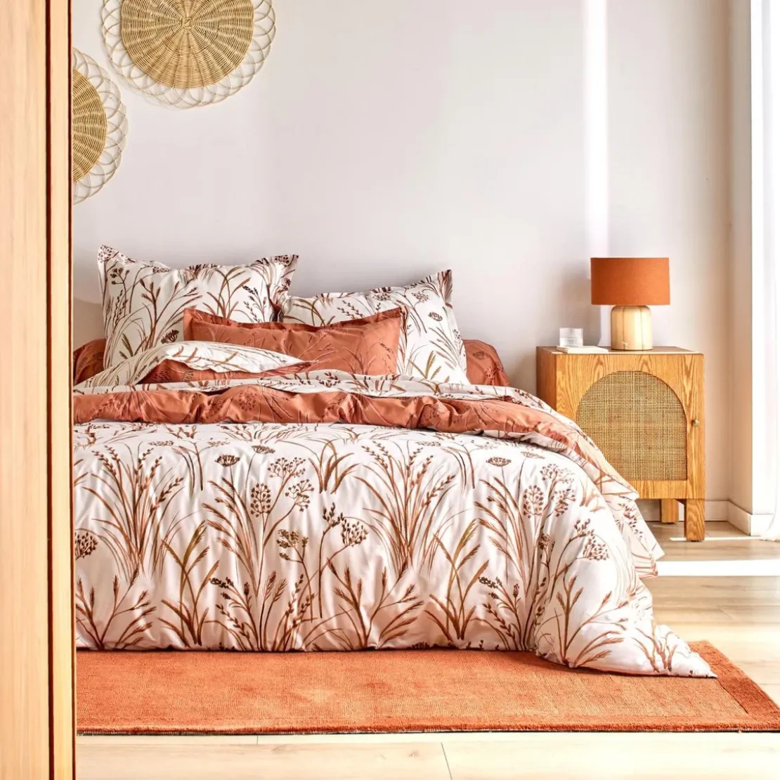 BecquetTaie d'oreiller percale de coton terracotta réversible motif végétal - Collection SOUFFLE DE PAILLE