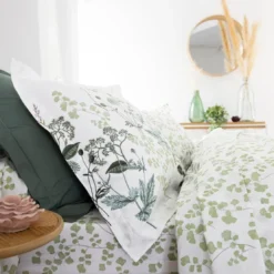 BecquetTaie d'oreiller percale de coton blanche florale verte - VERONIKA