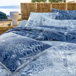 BecquetTaie d'oreiller réversible en coton bleu à motif marin - LES PROFONDEURS