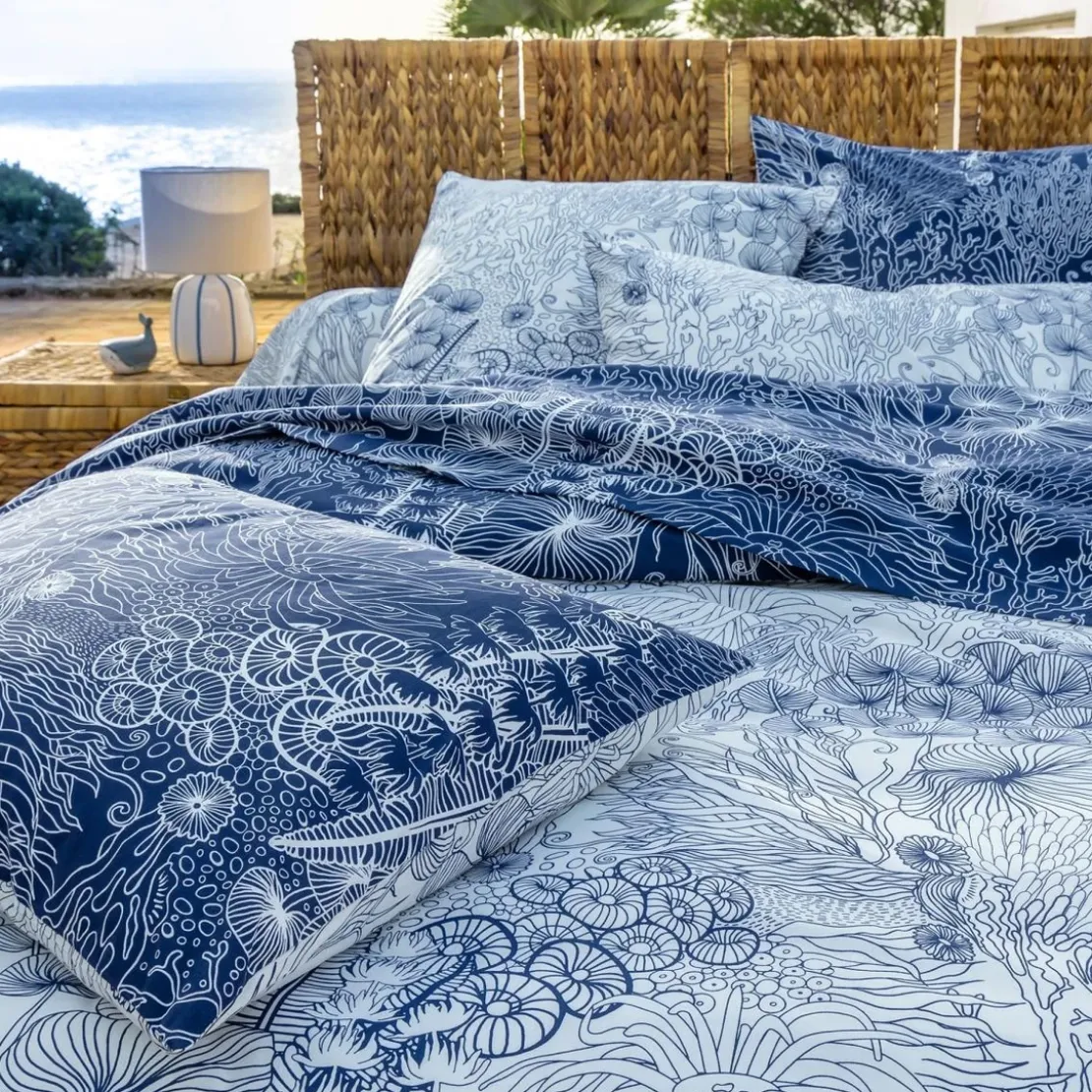 BecquetTaie d'oreiller réversible en coton bleu à motif marin - LES PROFONDEURS