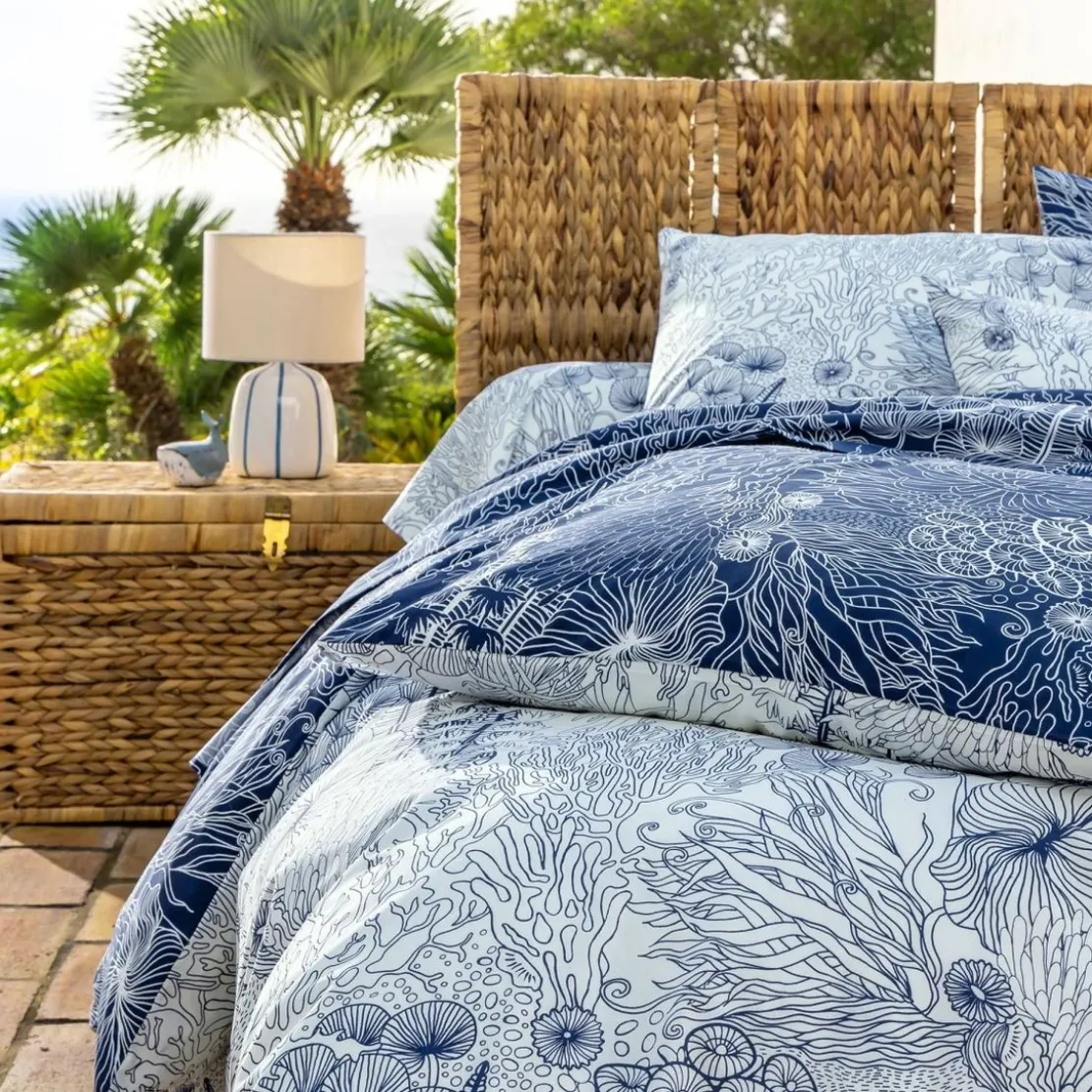 BecquetTaie d'oreiller réversible en coton bleu à motif marin - LES PROFONDEURS