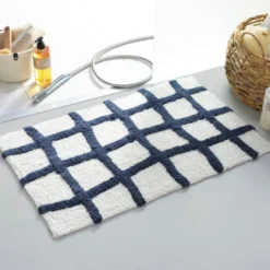 BecquetTapis de bain coton bicolore blanc cassé et bleu motif à carreaux 1870 g/m² - ABYSSALE