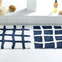 BecquetTapis de bain coton bicolore blanc cassé et bleu motif à carreaux 1870 g/m² - ABYSSALE