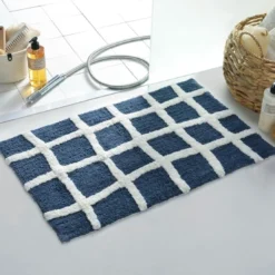 BecquetTapis de bain coton bicolore bleu marine et blanc motif à carreaux 1870 g/m² - ABYSSALE