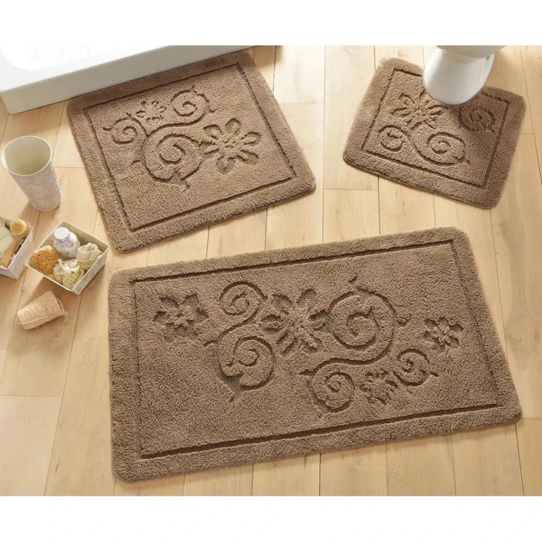 BecquetTapis de bain en coton maron taupe motif arabesques 1500 g/m²