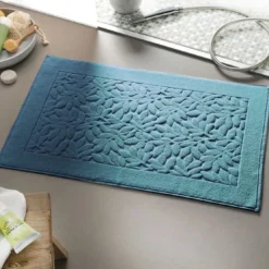 BecquetTapis de bain en coton 800 g/m² bleu motif feuillage - ROSELIERETAP