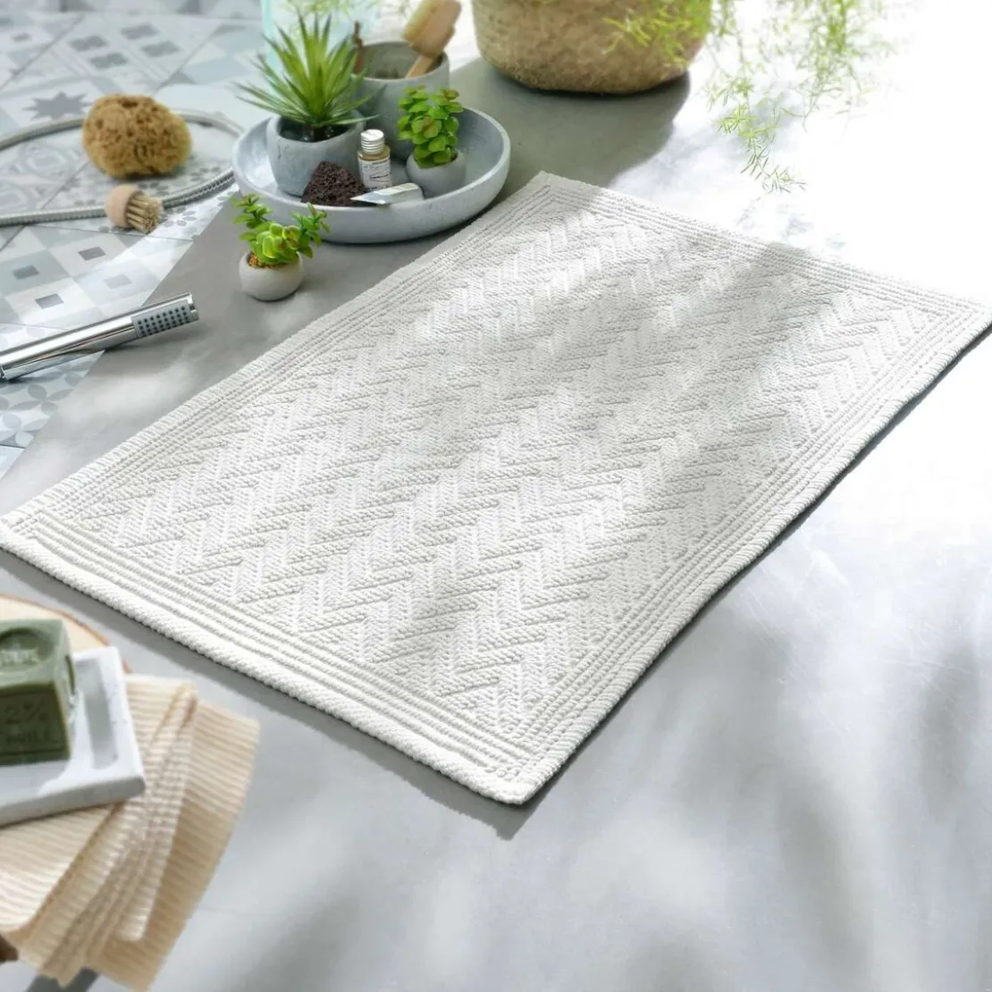 BecquetTapis de bain ZIGZAG en coton blanc cassé