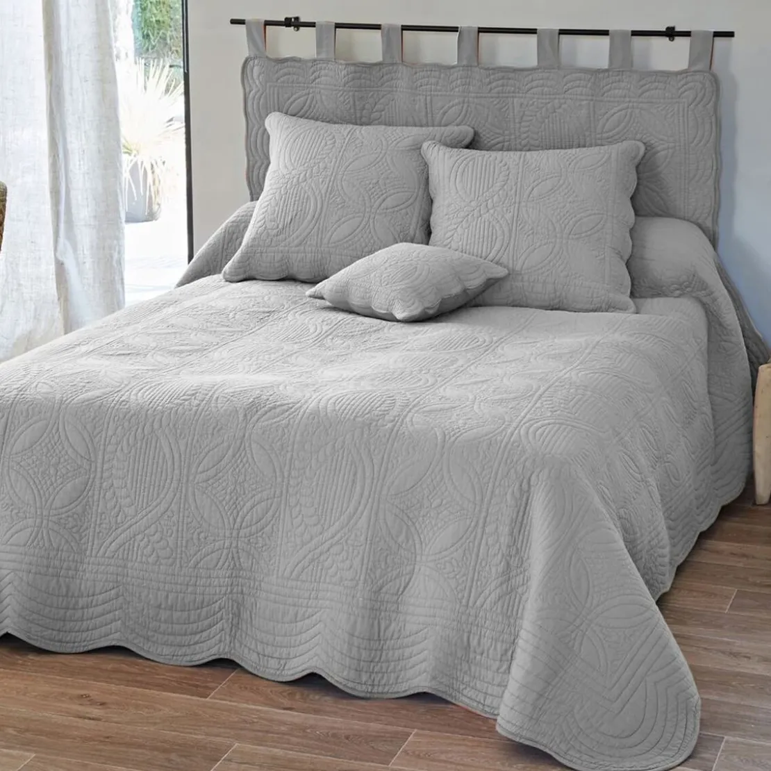 BecquetTête de lit en boutis uni coton BAILLARGUES - Gris Perle
