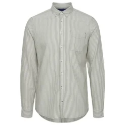 BlendChemise Manches Longues Rayée en Coton - Blanc et Vert Loden
