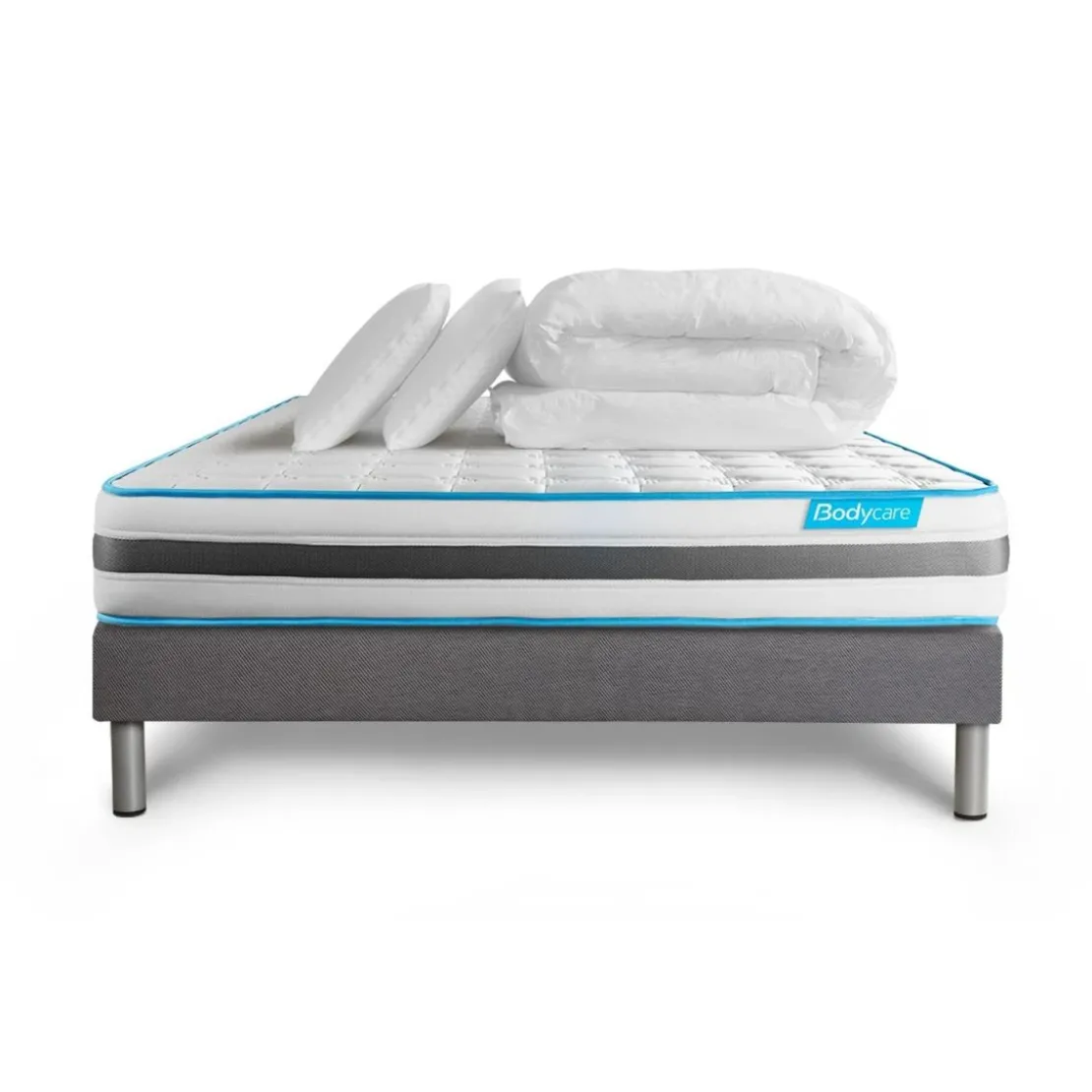 BODYCAREPack matelas BodyFlex sommier kit gris Couette et 2 oreillers
