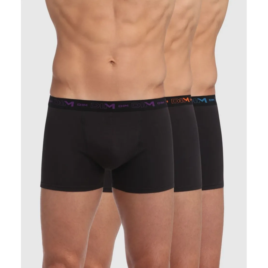 Dim HommePack de 3 boxers homme ceinture élastique violet/orange/bleu noir en coton