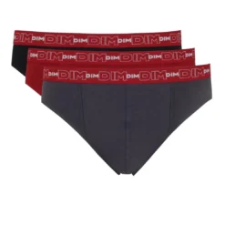 Dim HommePack de 3 Slips Coton Stretch - Ceinture Siglée Gris / Rouge en tissu