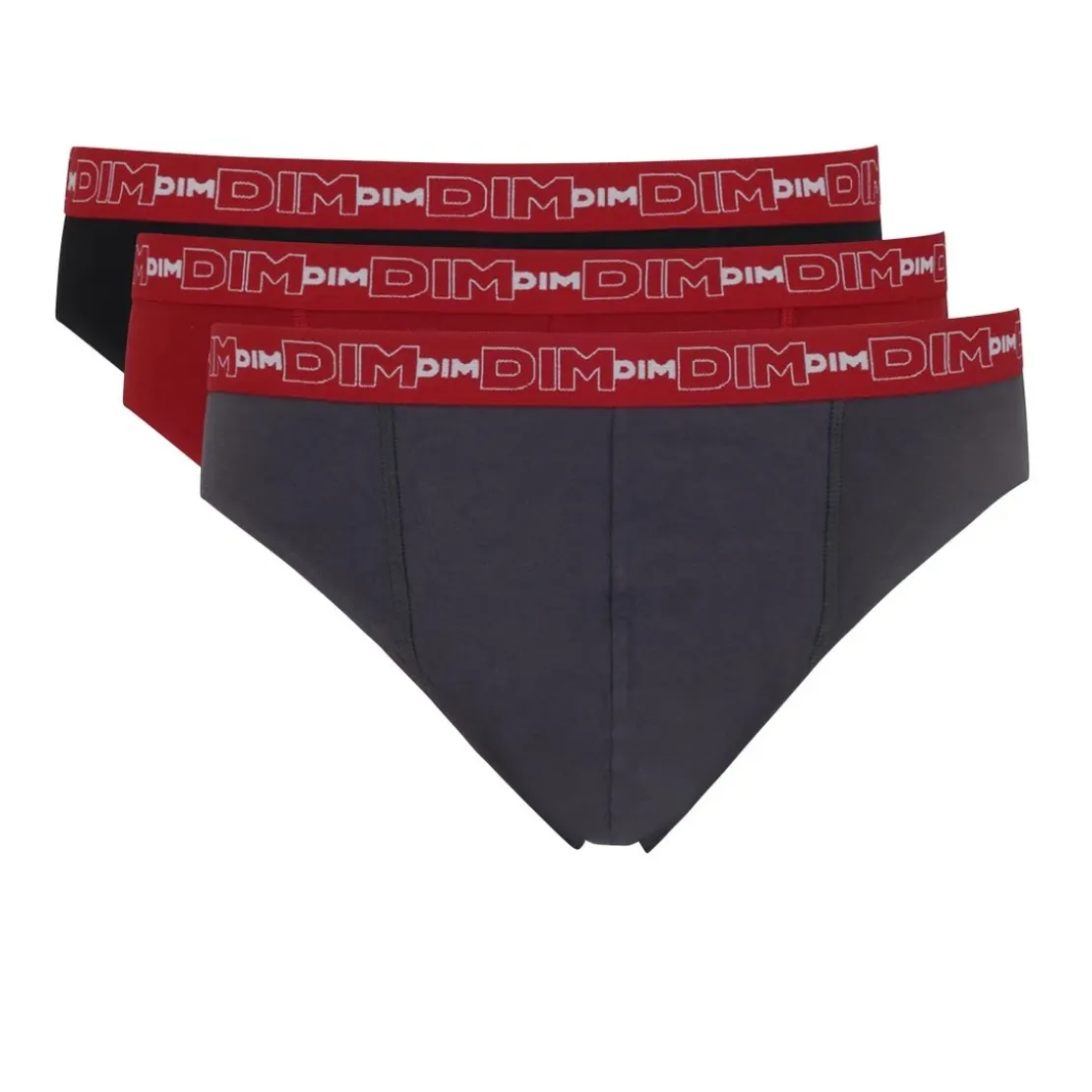 Dim HommePack de 3 Slips Coton Stretch - Ceinture Siglée Gris / Rouge en tissu