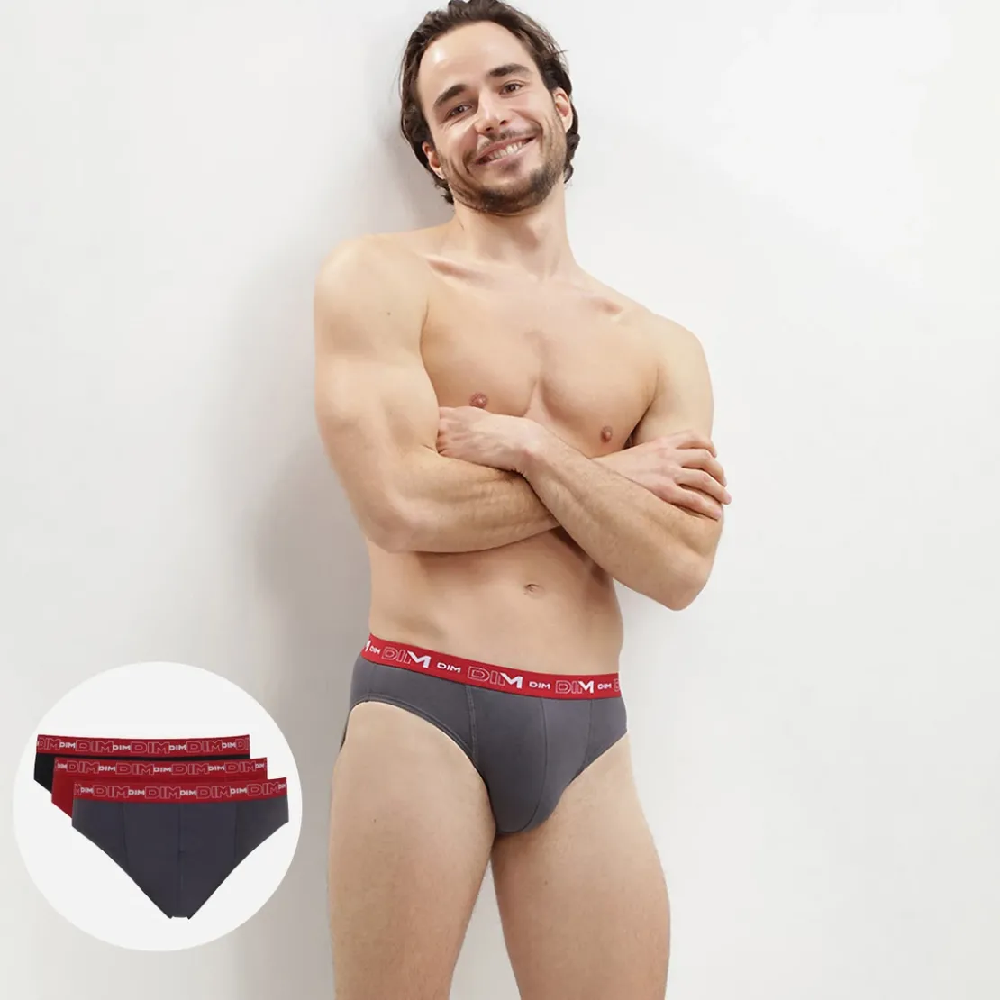 Dim HommePack de 3 Slips Coton Stretch - Ceinture Siglée Gris / Rouge en tissu