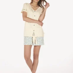Dodo HomewearPyjama beige/imp en coton pour femme
