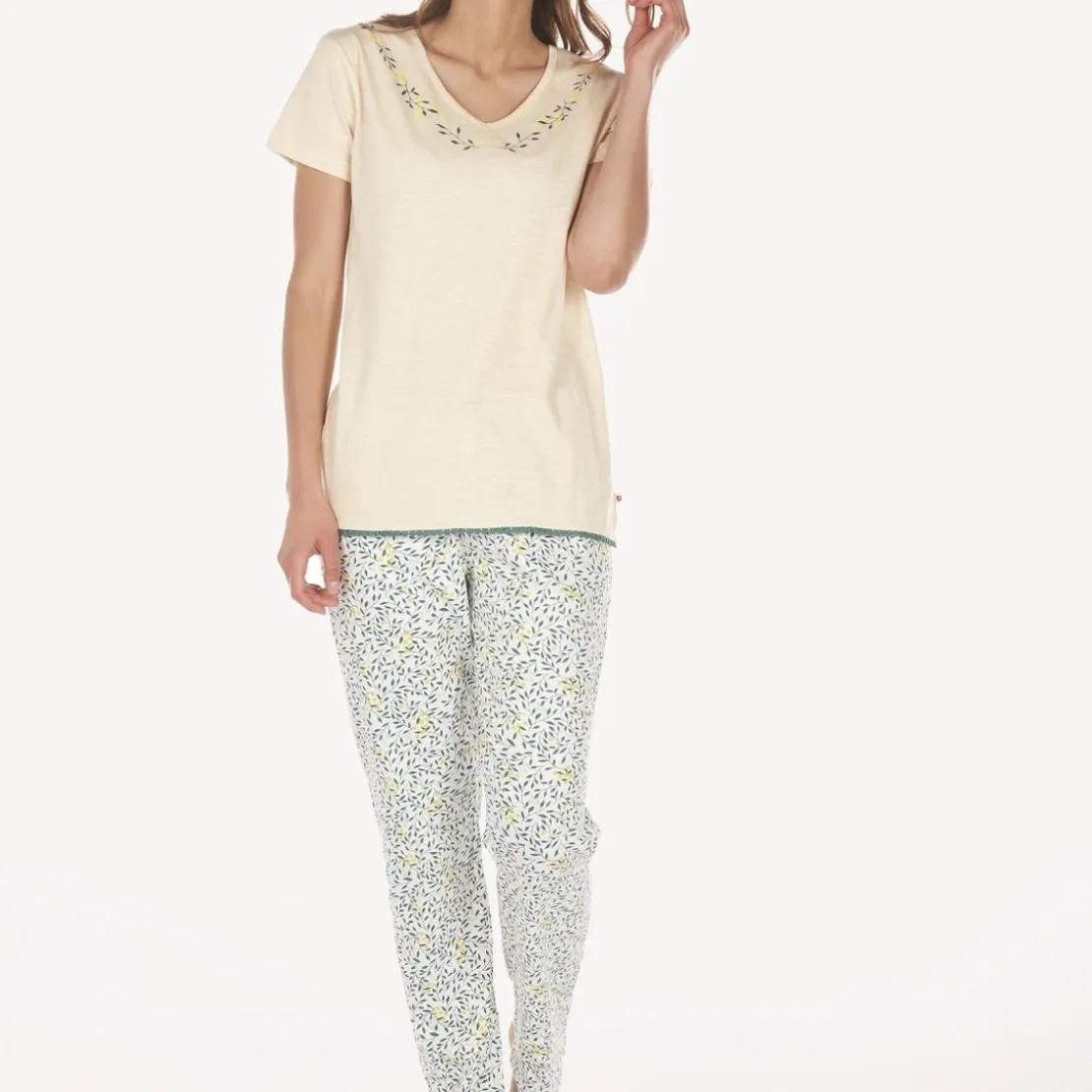 Dodo HomewearPyjama pour femme en coton beige/imp