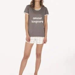 Dodo HomewearPyjama pour femme en coton anthra/ecru