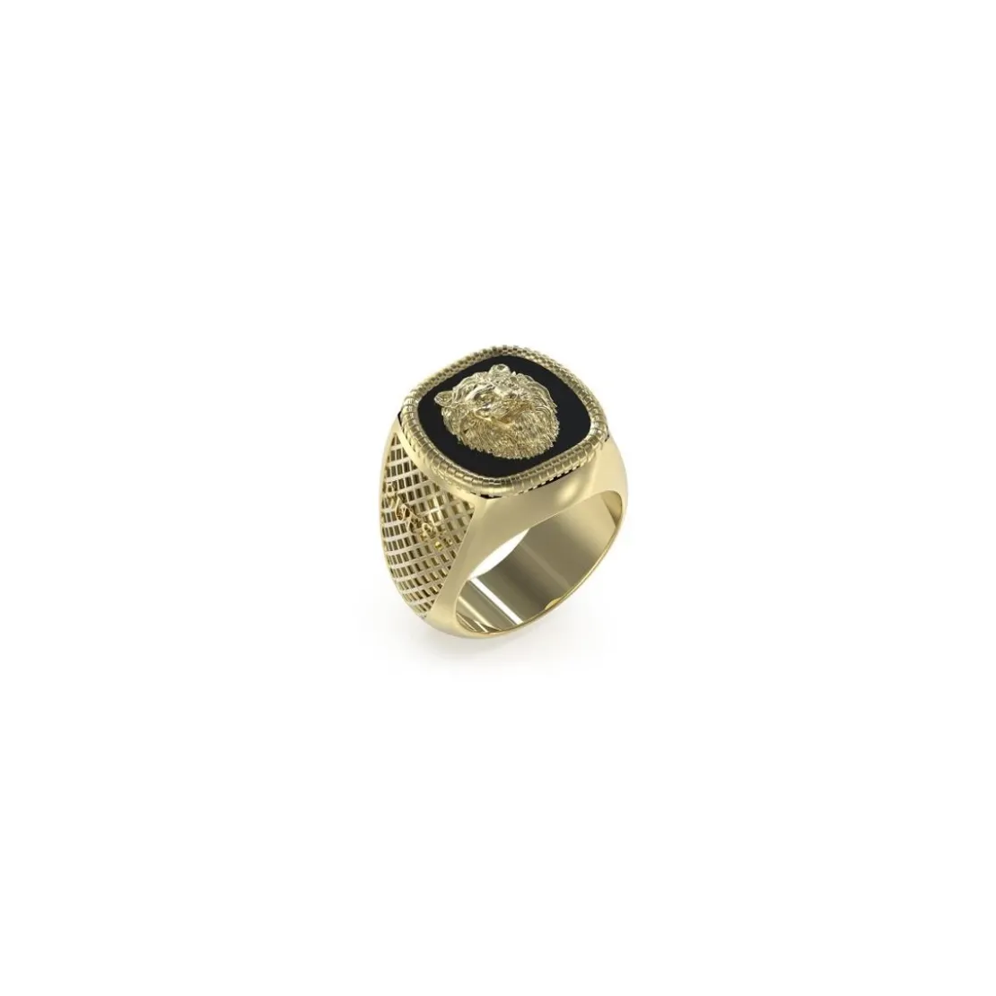 Guess BijouxBague Lion King Acier Doré Forme Chevalière Et Tête De Lion Sur Fond Noir Gm