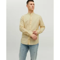 Jack & JonesChemise à boutons Slim Fit Col à bande Manches longues Orange jaune en coton