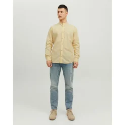 Jack & JonesChemise à boutons Slim Fit Col à bande Manches longues Orange jaune en coton
