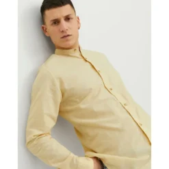 Jack & JonesChemise à boutons Slim Fit Col à bande Manches longues Orange jaune en coton