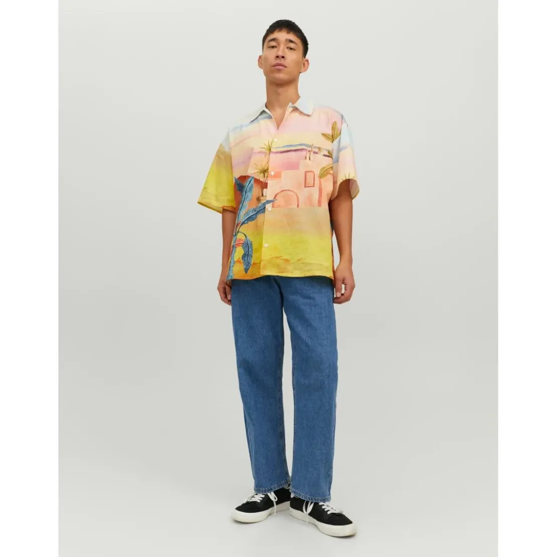 Jack & JonesChemise à boutons Wide Fit Col chemise Manches courtes Rose en coton