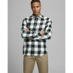 Jack & JonesChemise à carreaux Slim Fit Col chemise Manches longues Blanc en coton