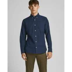 Jack & JonesChemise habillée Slim Fit Col boutonné Manches longues Bleu Marine en coton