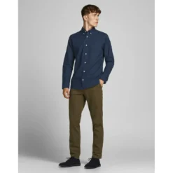 Jack & JonesChemise habillée Slim Fit Col boutonné Manches longues Bleu Marine en coton