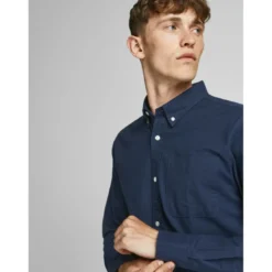 Jack & JonesChemise habillée Slim Fit Col boutonné Manches longues Bleu Marine en coton