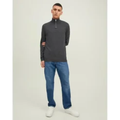 Jack & JonesPull zip Col haut Manches longues Gris Foncé en coton