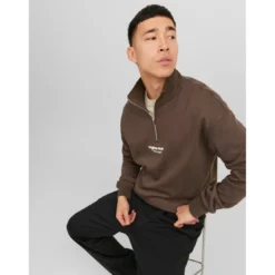 Jack & JonesSweatshirt Relaxed Fit Col haut Manches longues Marron en coton