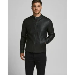 Jack & JonesVeste de motard en simili-cuir Col motard Manches longues Noir Otto