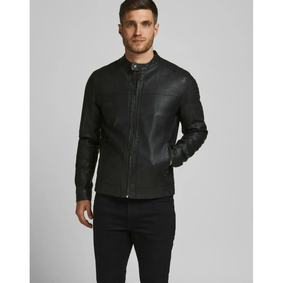 Jack & JonesVeste de motard en simili-cuir Col motard Manches longues Noir Otto