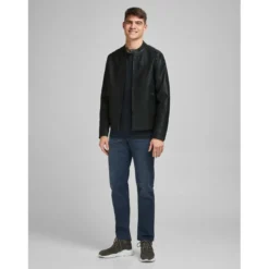 Jack & JonesVeste de motard en simili-cuir Col motard Manches longues Noir Otto