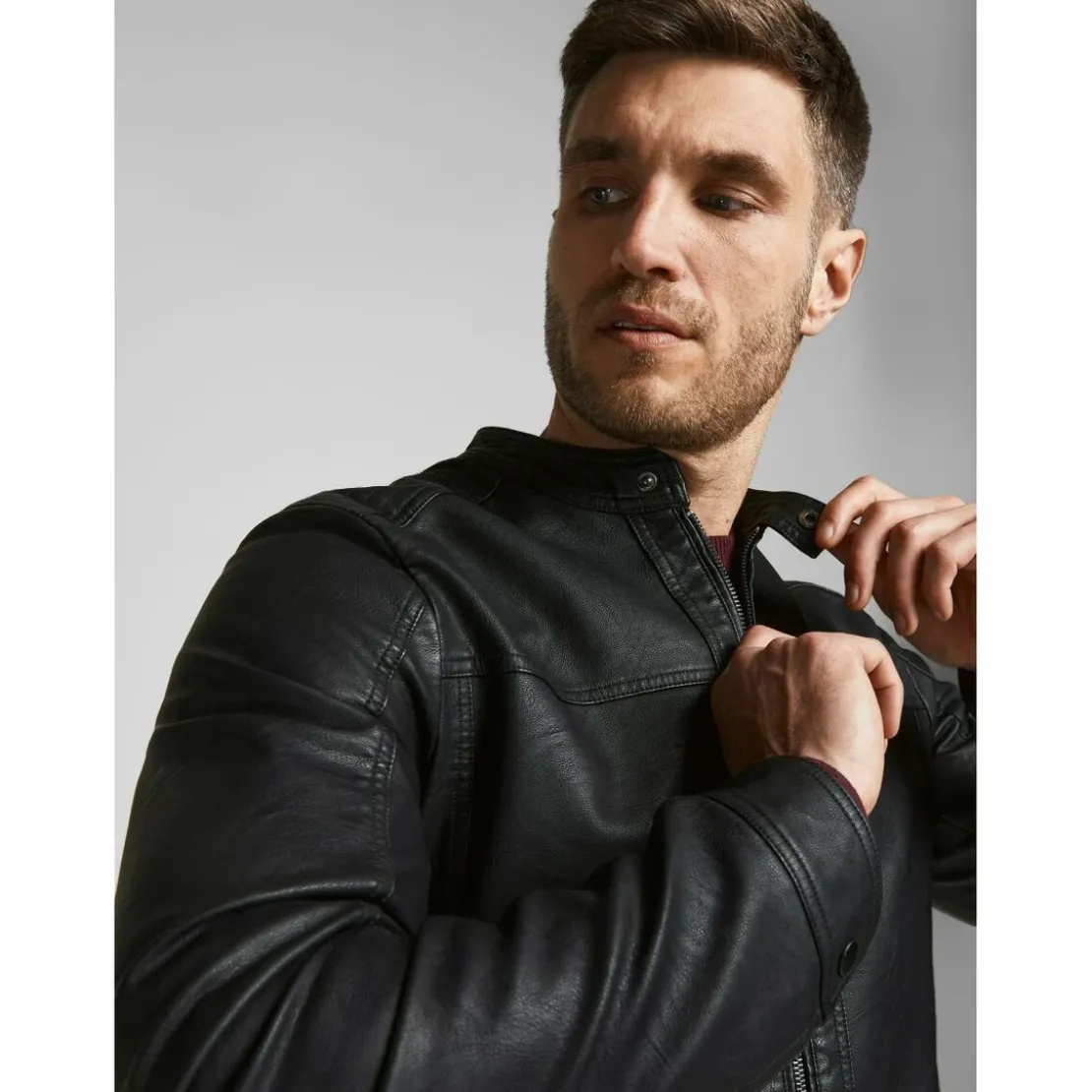 Jack & JonesVeste de motard en simili-cuir Col motard Manches longues Noir Otto