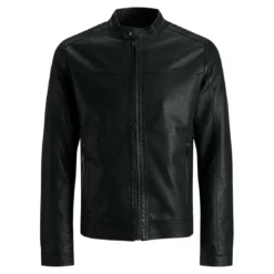 Jack & JonesVeste de motard en simili-cuir Col motard Manches longues Noir Otto
