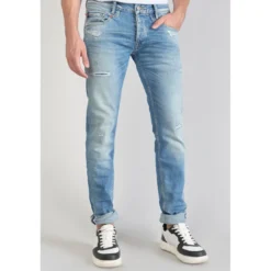 Le Temps des CerisesJeans ajusté stretch 700/11, longueur 34 bleu en coton Leo
