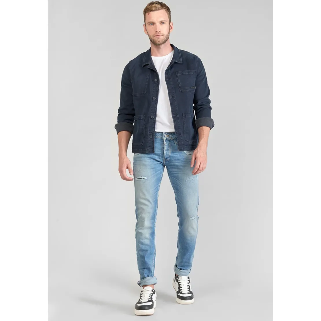 Le Temps des CerisesJeans ajusté stretch 700/11, longueur 34 bleu en coton Leo