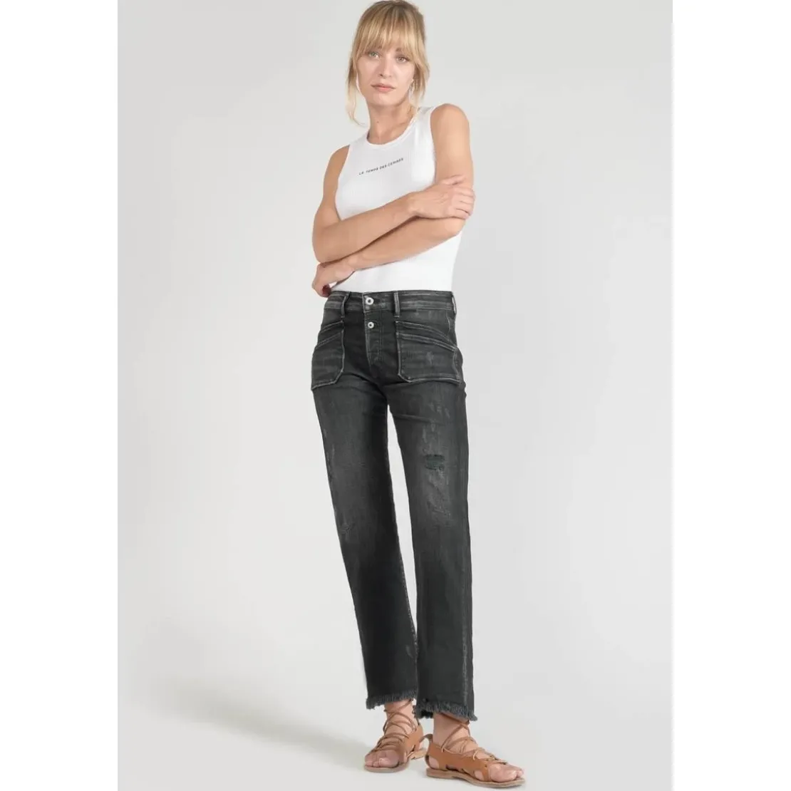Le Temps des CerisesJeans regular, droit pricilia, 7/8ème noir en coton