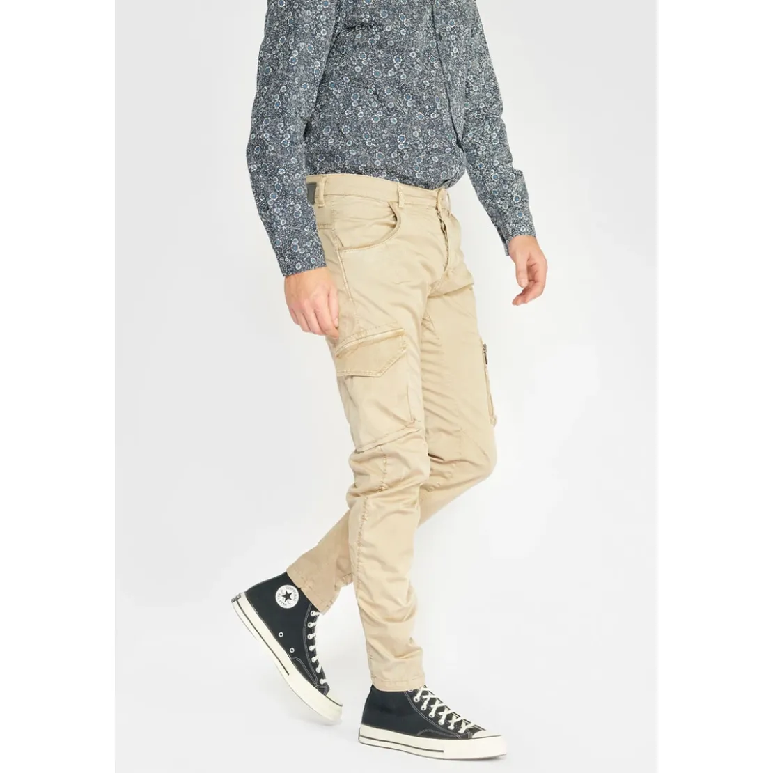 Le Temps des CerisesPantalon Cargo Alban beige blanc en coton