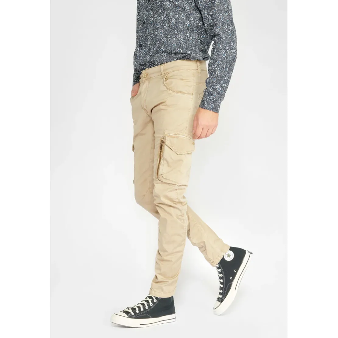 Le Temps des CerisesPantalon Cargo Alban beige blanc en coton