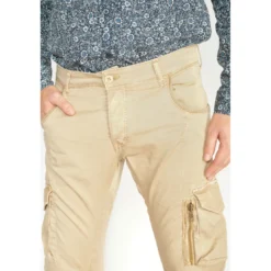 Le Temps des CerisesPantalon Cargo Alban beige blanc en coton
