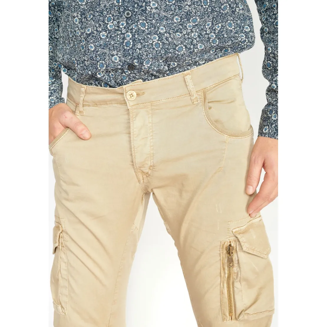 Le Temps des CerisesPantalon Cargo Alban beige blanc en coton